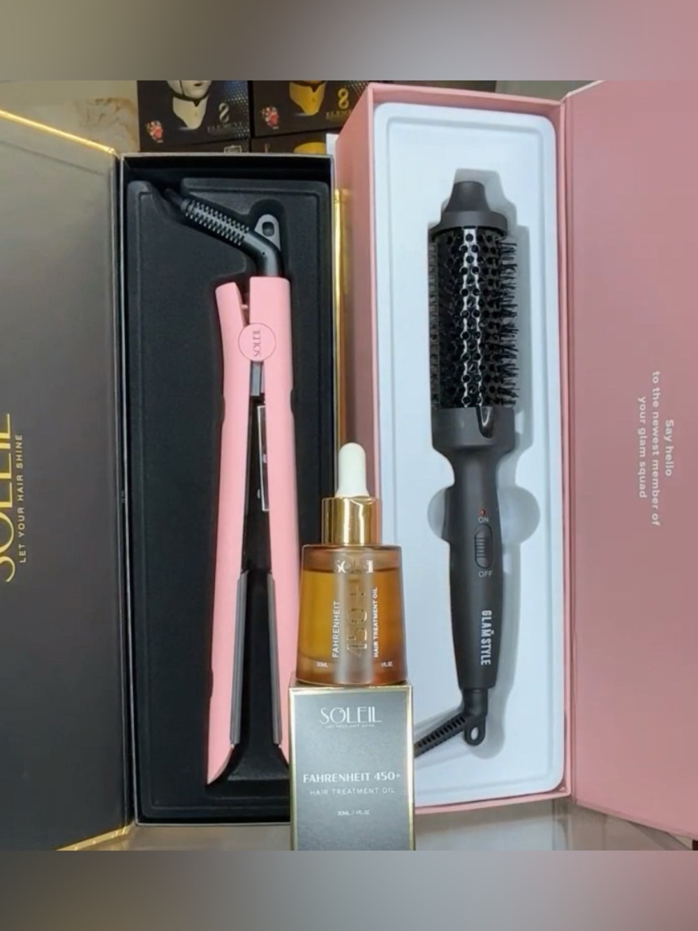 NEW! Soleil Pink Flat Iron+GlamStyle Black Hot Brush+Soleil 450° Hair Oil